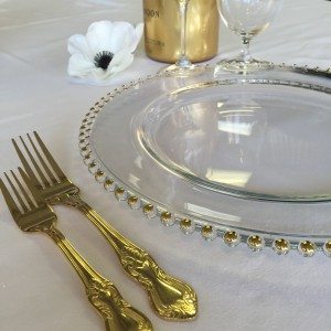 14″ clear glass charger plate with gold bead trim or silver bead trim